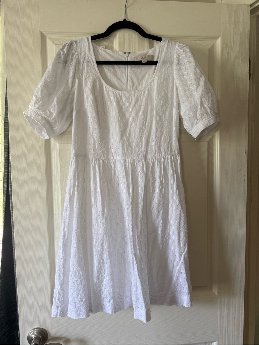 LOFT White Eyelet Scoop Neck Puff Sleeve Dress